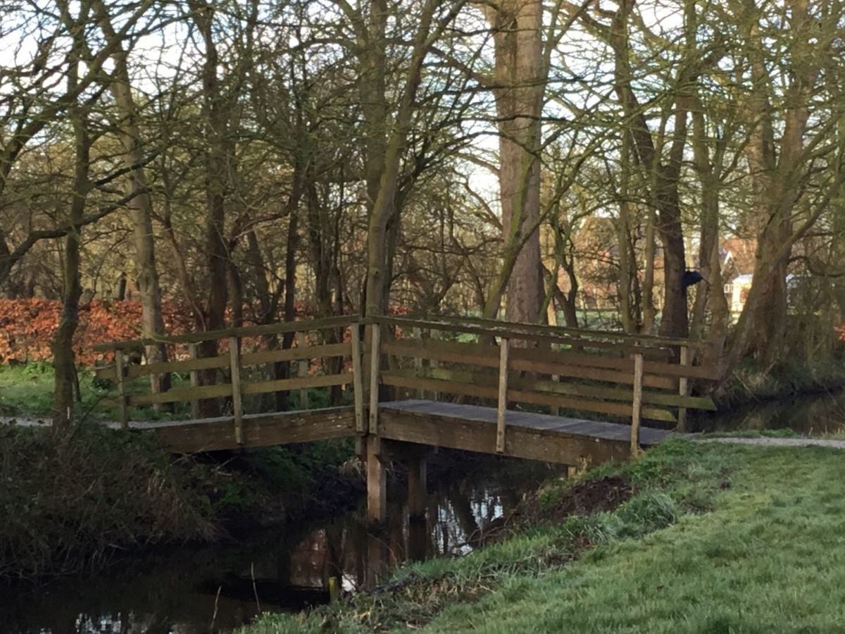 Bruggetje naar deel met vijver